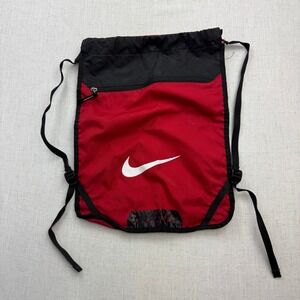 Nike Drawstring Backpack Unisex OS Red Black Swoosh Zippered Pocket Sporty Gym